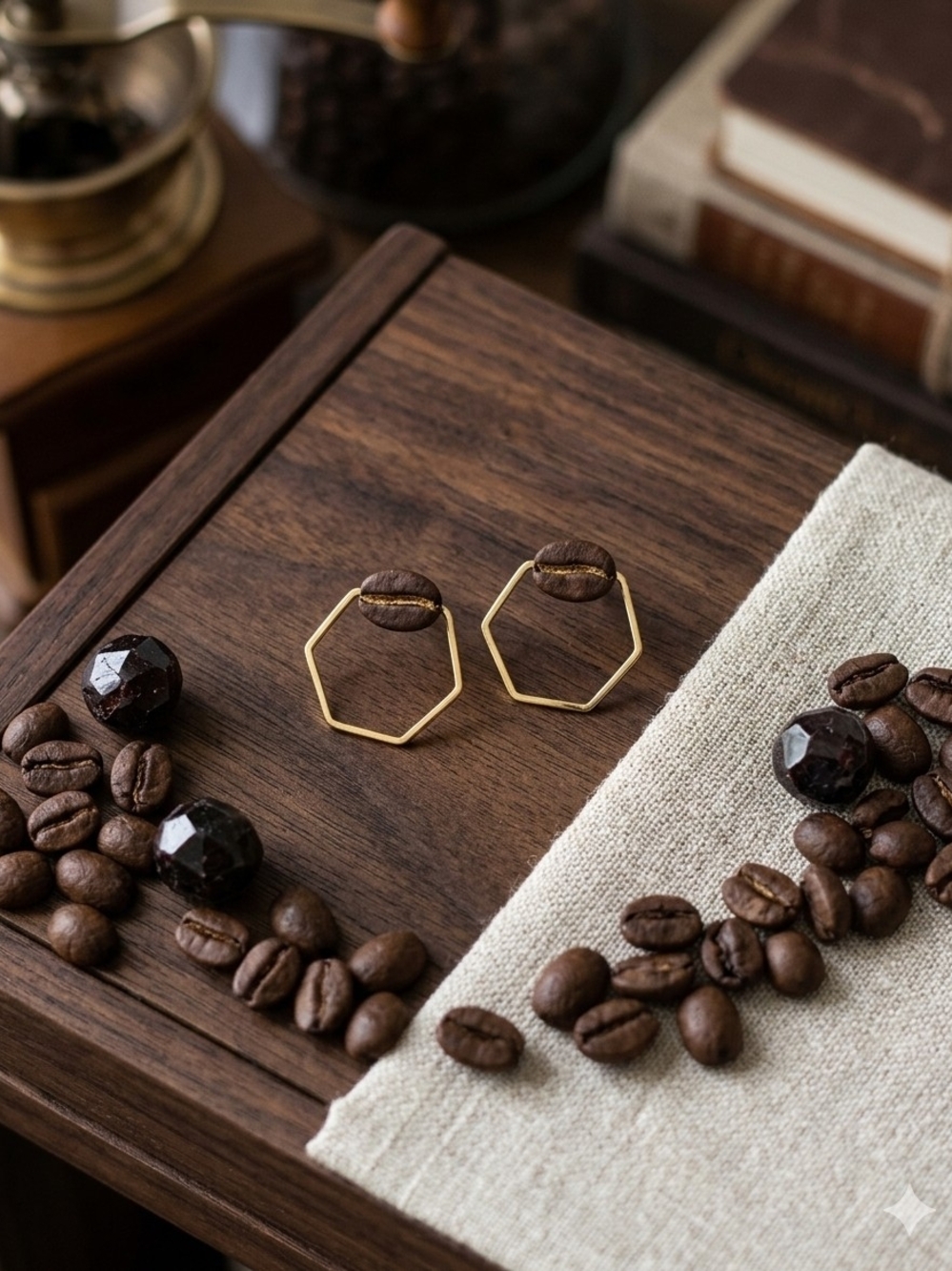 Minimalist Gold Hexagon Earrings with Brown Accent